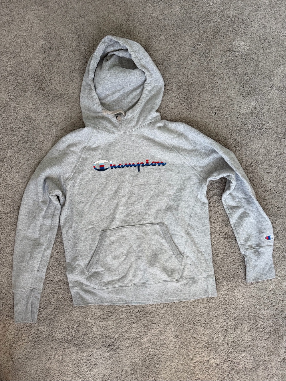 Champion Heather Gray Hoodie with Red-White-Blue Trim